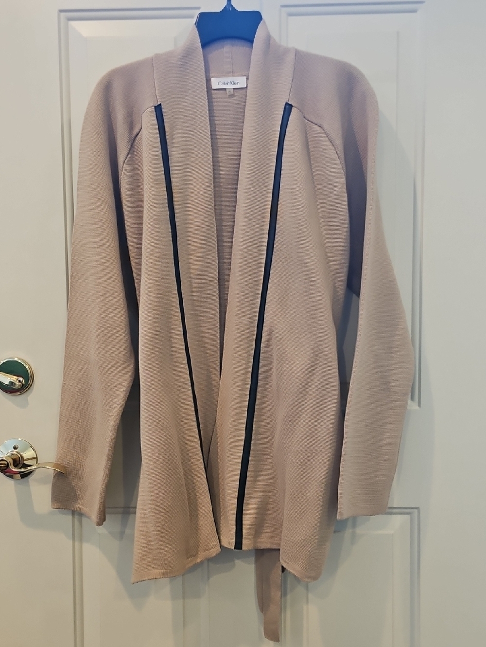 Calvin Klein Beige Open-Front Cardigan with Brown Trim